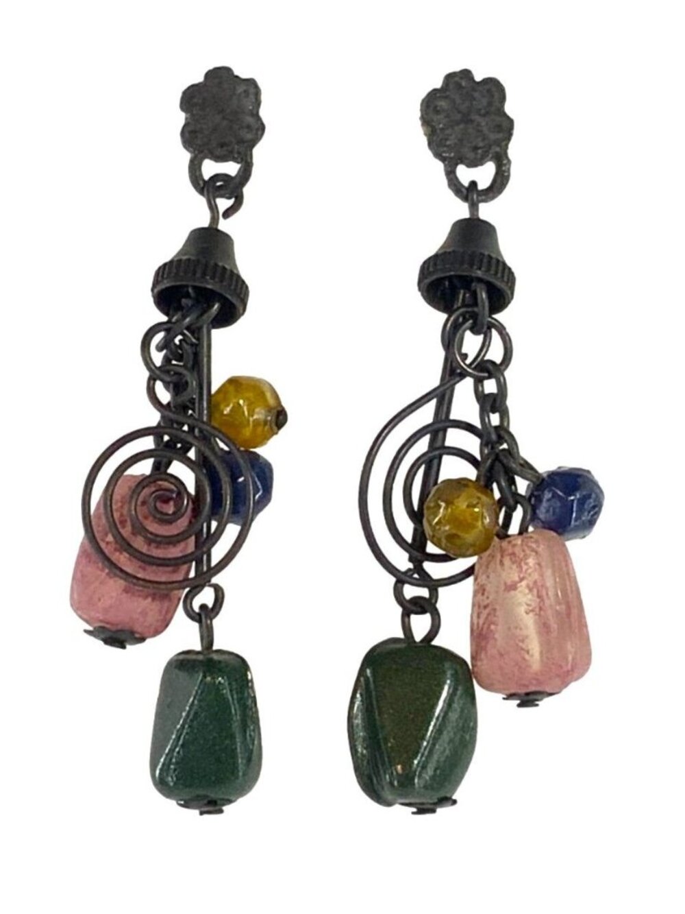 Vintage Dangle Earrings Natural Stone Multicolor Beads Spiral Charm Womens - Picture 6 of 8